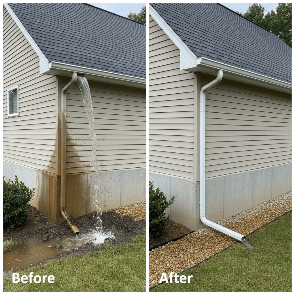 Water damage prevention showing proper gutter drainage