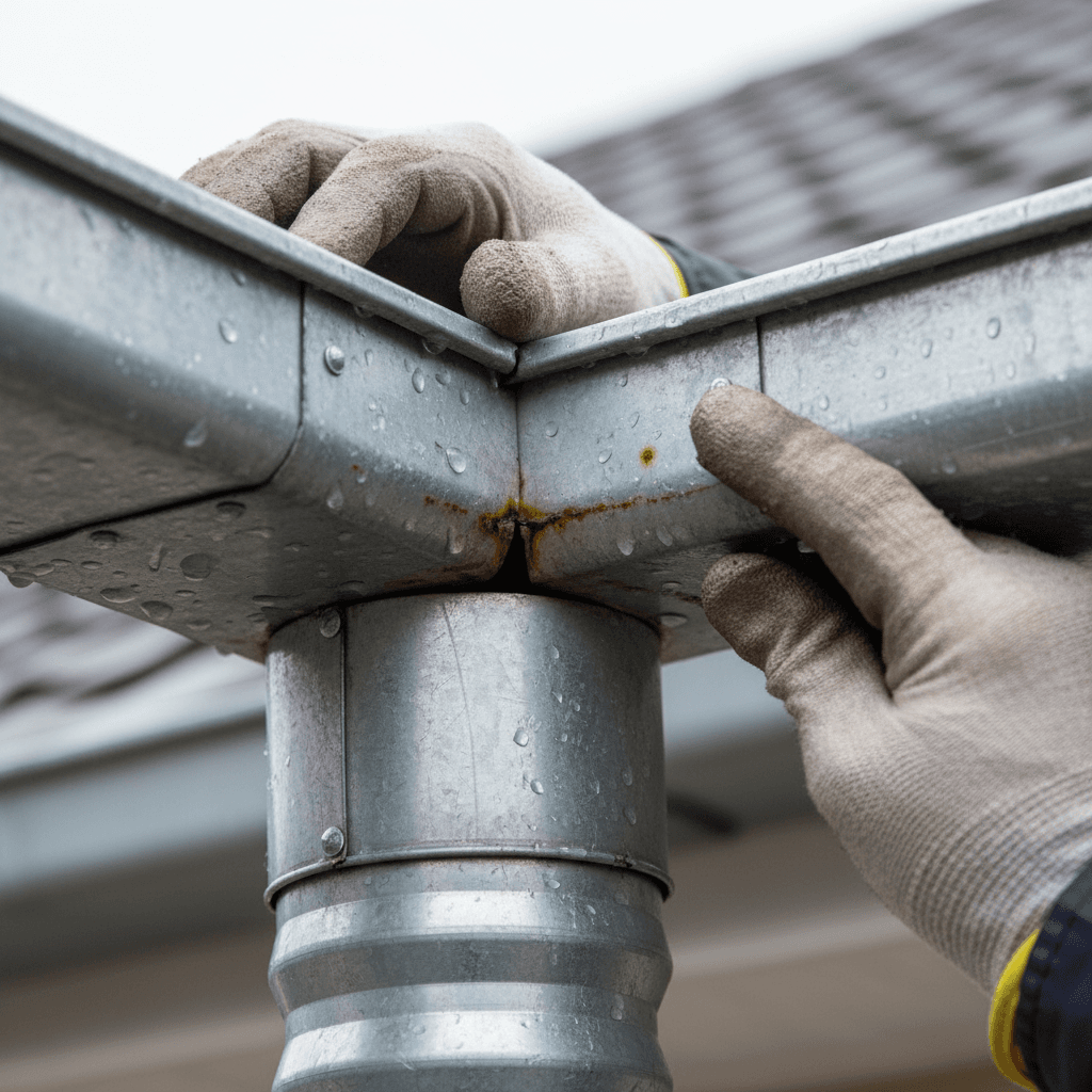 Gutter system inspection checking for damage and rust