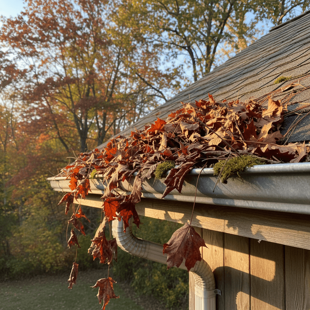 Seasonal debris removal showing leaves in gutters