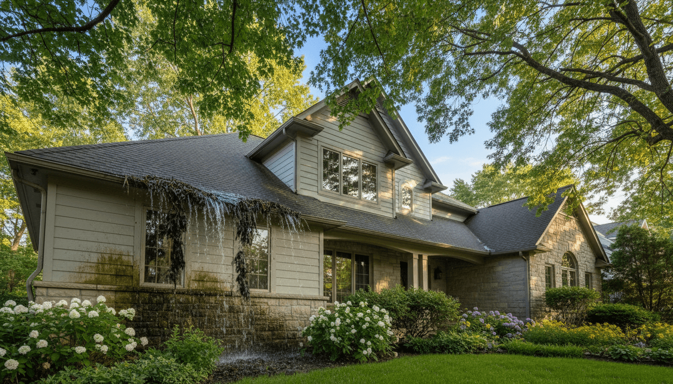 Home with clogged gutters overflowing water next to clean gutters