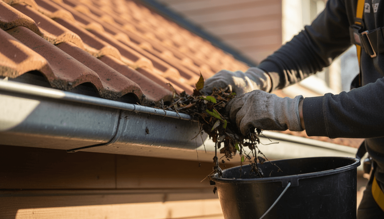 Close-up of professional gutter cleaning in progress